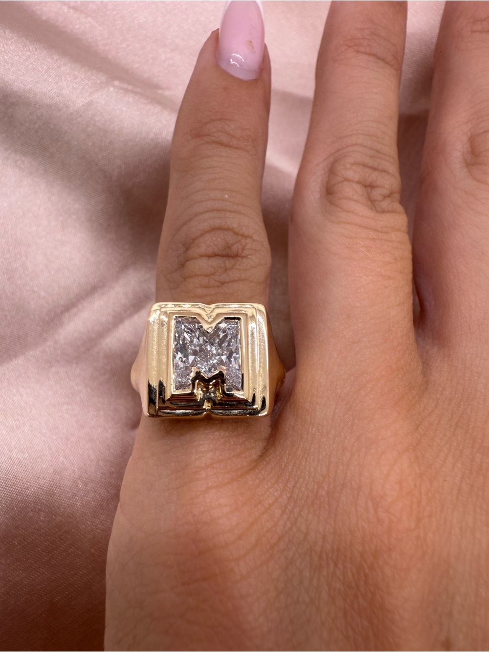 1.70 carat M initial lab diamond signet ring